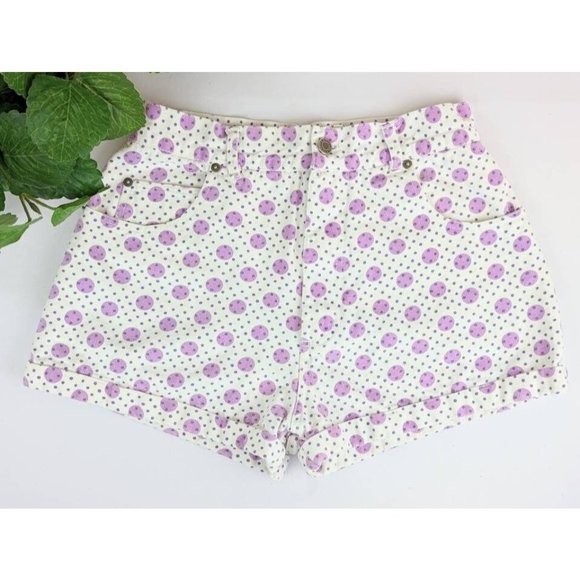 Bonjour Pants - Women's High Waist 80s Vintage Mom Denim Jean Shorts Purple Polka Dot Bonjour